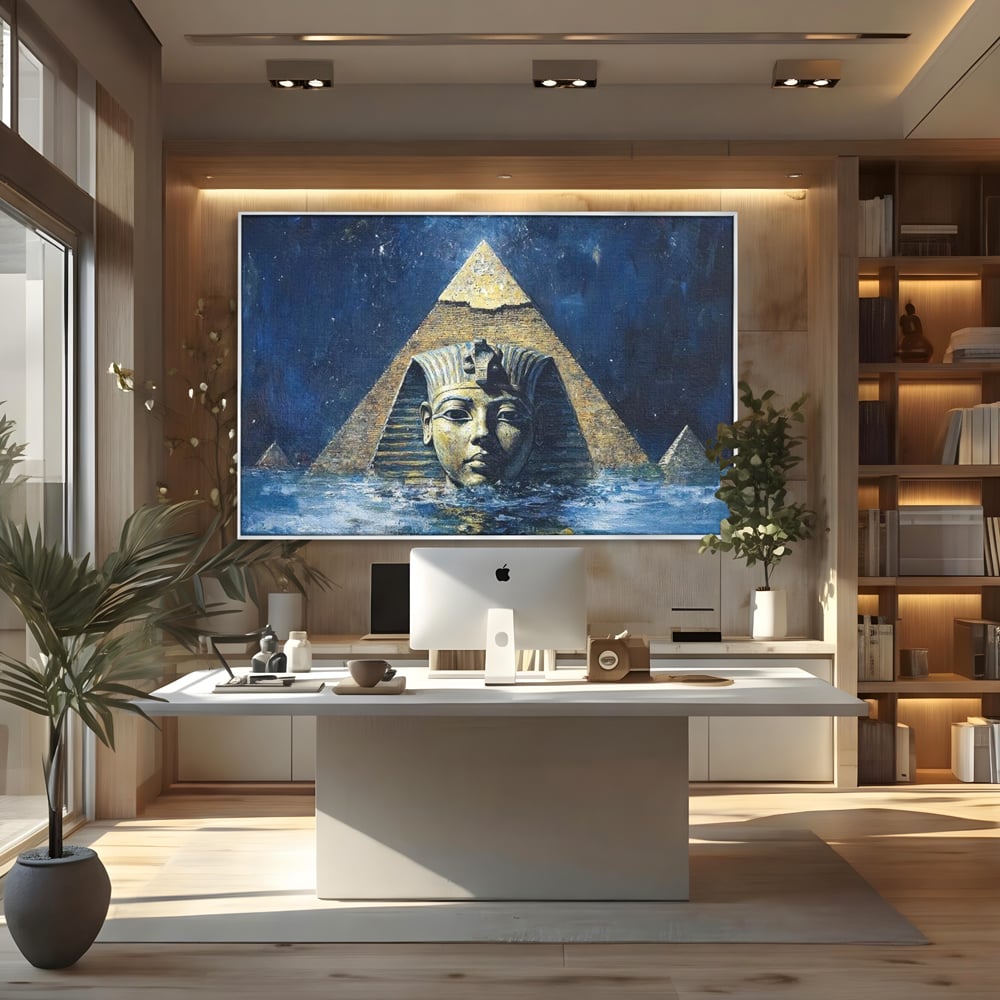 Tablou canvas cu pictura cu sfinx si piramida in apa, in rama de aluminiu argintiu, pe perete intr-un birou